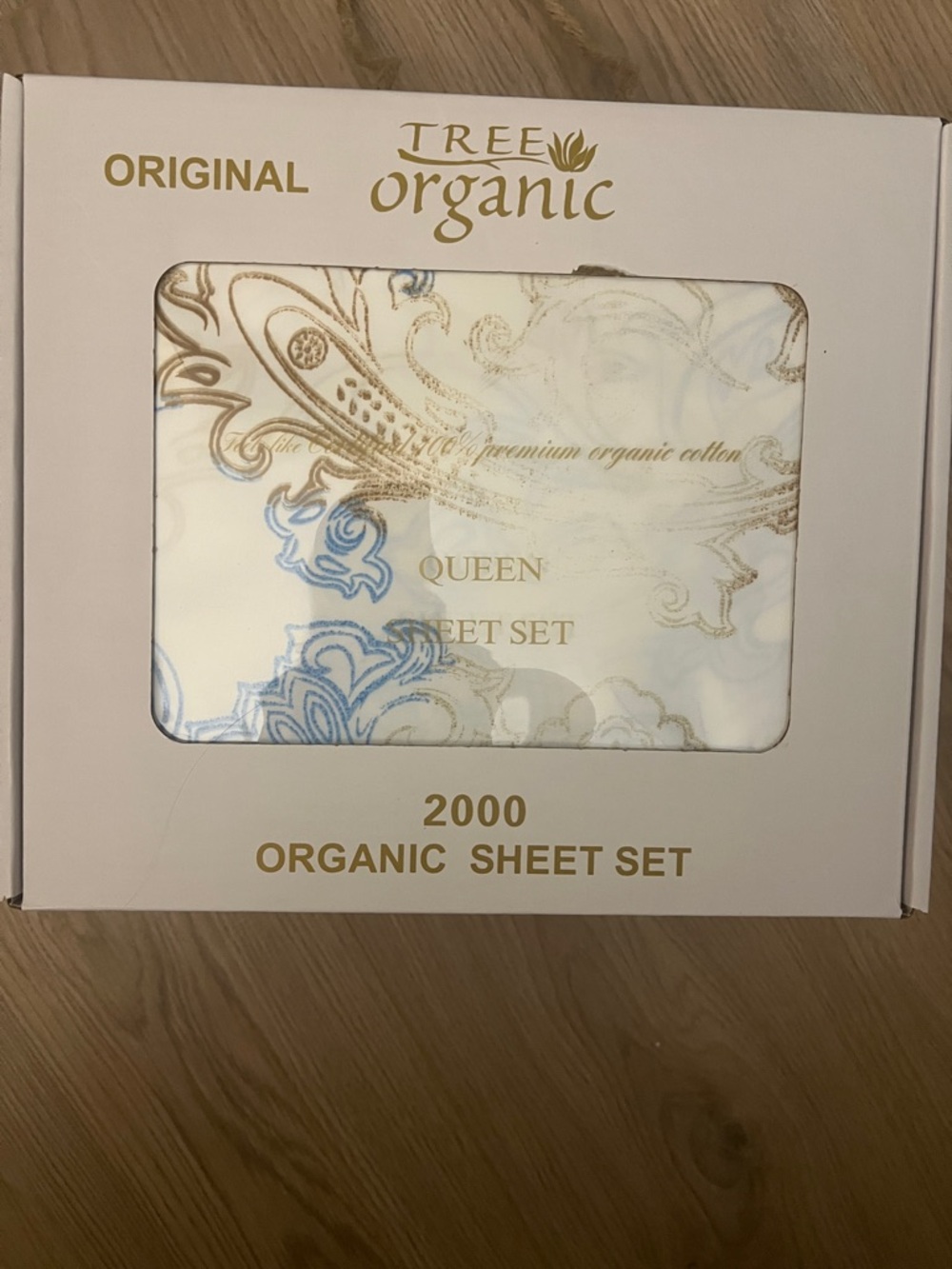 Tree Organic Queen Sheet Set - White with Blue & Gold Paisley